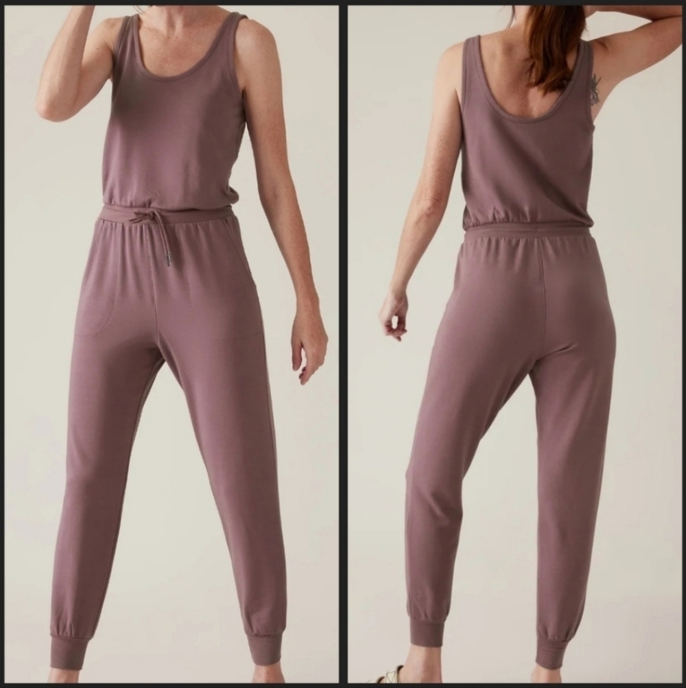 Athleta Balance Sleeveless Scoop Neck Tie Waist Jogger Jumpsuit Tall Mauve